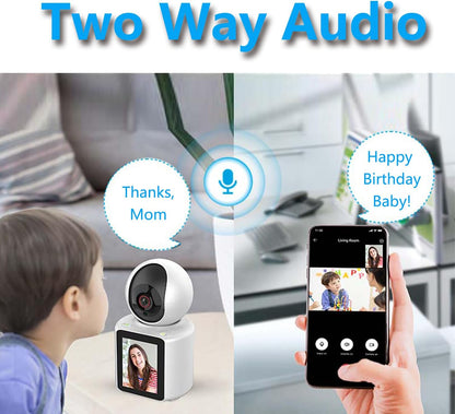 Cámara de video bidireccional para interiores para el hogar con pantalla HD de 2.8 pulgadas, WiFi para mascotas/gatos/perros/pájaros, cámara con aplicación de teléfono, visión nocturna, control de voz, detección de movimiento